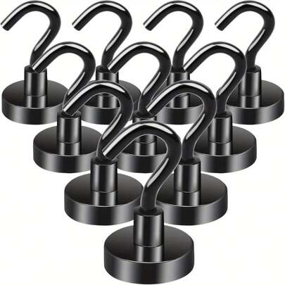 10Pcs Neodymium Magnetic Hooks, 16mm Strong Magnet Hooks, Super Powerful Magnetic Hooks With Holders, Suitable For Kitchen, Storage Cabinet, Office, Refrigerator (Black), Easy Installation, Suitable For Ceiling, Painted Metal Surface, No Need Drilling, Applicable For Iron Door, Refrigerator, Kitchen, Office, Camping