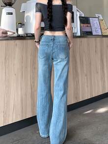 Quần jeans ống loe cạp thấp màu xanh nhạt, kiểu dáng thường ngày. - Màu xanh lam - Xem 5