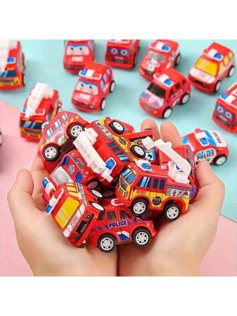 10pcs Cartoon Mini Friction Powered Fire Truck & Police Car Toys, Birthday Party Favors (Color Random)