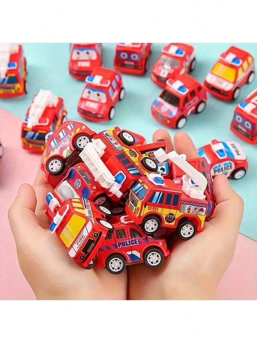 10pcs Cartoon Mini Friction Powered Fire Truck & Police Car Toys, Birthday Party Favors (Color Random)