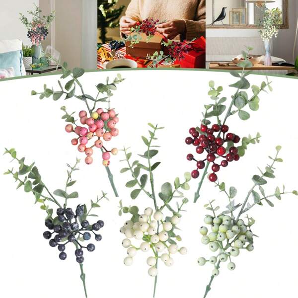 3 Packs Artificial Berry Stem Faux Eucalyptus Berry Stems Multiple Color Fake Berries Branches Floral Flower Arrangement For Garden Wedding Party Home Vase Decor,Fall Decor,Autumn
