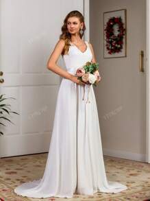 Vestido de Noiva Sem Mangas com Renda de Cor Sólida, Contraste de Tule Bordado