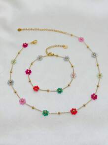 Daisy Flower Bracelet Necklace Anklet Earrings Set, Suitable For Women Spring/Summer Outfits