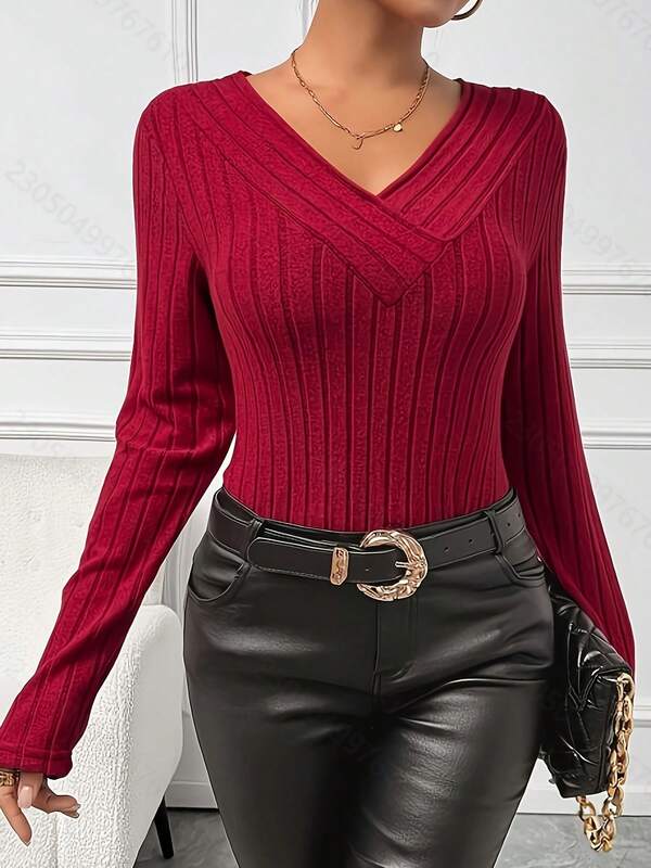 V-Neck Ribbed Solid Color Long Sleeve Top, Autumn/Winter New Arrival