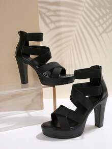 优雅女士黑色高跟凉鞋，新款夏季时尚细高跟鞋，交叉带，包跟，后拉链 - 黑色 - 查看 2