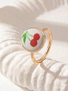 Bague en céramique imprimée cerise pour femme, bijou de déclaration, motif floral printanier