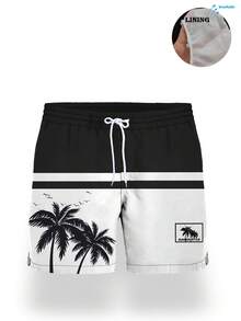 Bañador de playa para hombre de verano con estampado de palmeras, bloques de color a rayas y forro interior - Blanco y Negro - Ver 4