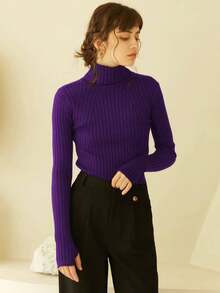 Knit Mix High Neck Ribbed Knit Jumper - Violet Purple - View 4
