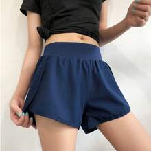 1pc Women High Waist Elastic Waistband Pocket Graphic Letter Design Polyester Yoga Sports Shorts