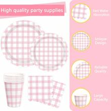Light Blue And White Gingham Party Supplies Paper Plate Cup Napkin For Checkered Plaid Picnic Barbecue Birthday Disposable Dinnerware Serves 10 - Pink Plaid Tableware Set - View 5