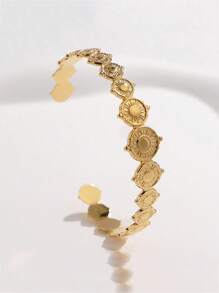 Brazalete dorado vintage de apertura única con patrón geométrico y símbolo solar exquisito y exclusivo, perfecto para el verano, la playa, festivales de música y fiestas