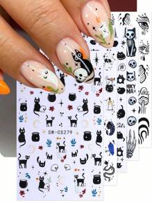 Pegatinas de uñas de 3D Halloween con gato negro, fantasma, serpiente, huesos de mano, pétalos de margarita, líneas de graffiti irregulares, setas, ojo malvado, lágrimas del diablo - 5 piezas - Decoración de manicura para salón - Suministros de uñas para autoadhesivo de esmalte de gel - Diseños otoñales e invernales Y2K