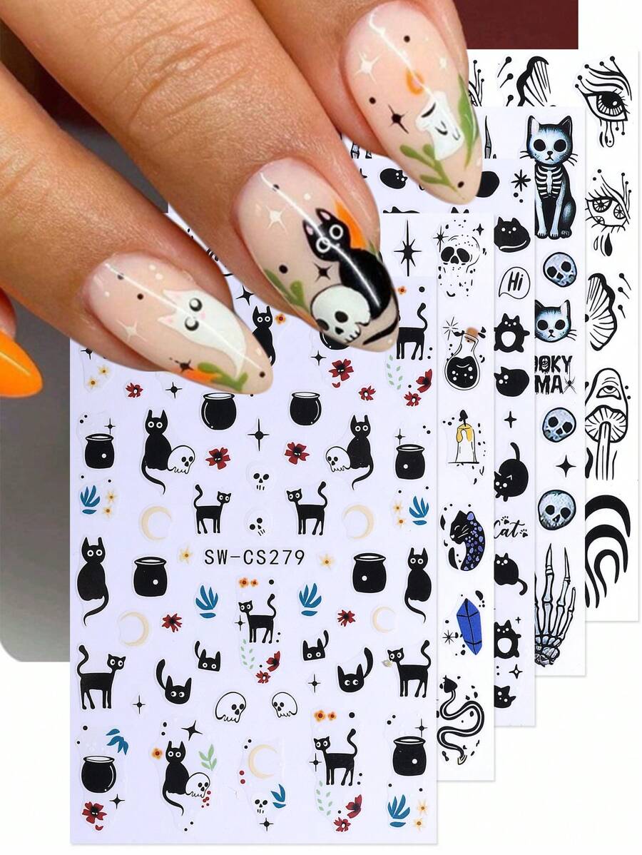 Pegatinas de uñas de 3D Halloween con gato negro, fantasma, serpiente, huesos de mano, pétalos de margarita, líneas de graffiti irregulares, setas, ojo malvado, lágrimas del diablo - 5 piezas - Decoración de manicura para salón - Suministros de uñas para autoadhesivo de esmalte de gel - Diseños otoñales e invernales Y2K