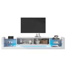 High-Gloss TV Cabinet With LED Lighting, 181 Cm – For TVs Up To 80 Inches, Glass Front, Two Folding Drawers, Black/White