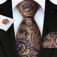 3 件套男士领带套装：3.15 英寸宽佩斯利图案领带、口袋巾和袖扣，高品质经典时尚商务休闲领带套装，婚礼、圣诞节、派对礼物 - 佩斯利 - 查看 9