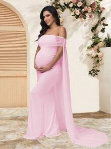JustVH Maternity Elegant Mesh Off-Shoulder Dress For Baby Shower, Cloak Maxi Women Outfit - Pink - View 5