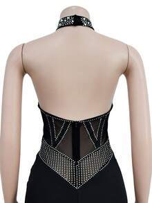 SEBOWEL Sexy Rhinestones Beading Playsuit Women Elegant Cross Halter Sheer Mesh Patchwork Bodysuit Shorts Jumpsuit Night Club Party One Piece - 黑色 - 查看 4