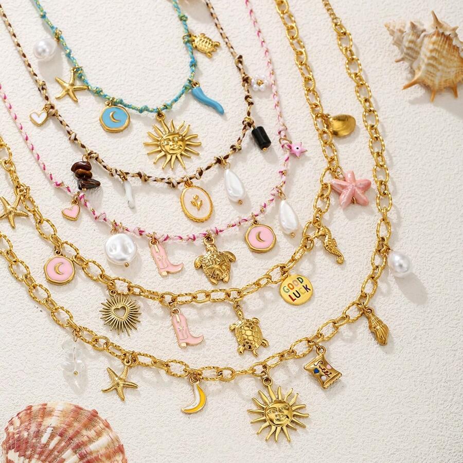 Colar feminino boêmio de aço inoxidável com pingente de concha de concha de oceano, estrela do mar, coração, olhos de diabo, joias, corrente de elos, moda praia, férias, presentes