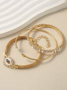 Set de 3 pulseras con diseño geométrico de ojo de demonio, adecuado para el uso diario de las mujeres, fiestas, joyas de multi capa vintage con cuentas como regalo