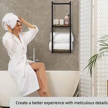 多功能壁挂式收纳架，配备大容量毛巾架，采用金属框架和木板。节省空间，多层收纳。适用于家居、酒店和浴室。实用收纳架。返校季 - 黑色 - 查看 4