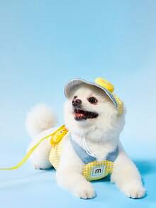 PETSIN 3入組寵物可愛胸背帶和帽子套裝，可愛的黃色鴨子紋飾，適用於可愛的小狗和貓的夏季外出 - 彩色 - 查看 5