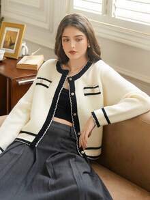 Knit Mix 针织法式休闲女士圆领长袖口袋开衫，常规宽松，撞色，春秋（图案随机） - 杏色 - 查看 5