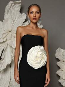 Vestido ajustado con vendaje y decoración de flores 3D, vestido de cóctel de silueta ajustada para ocasiones formales - Negro - Ver 4