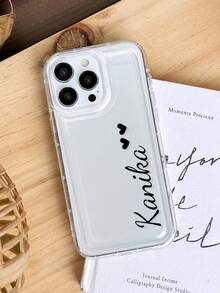 1pc Customized Clear Transparent Solid Color Cute Two Heart Shape Text Personalized Couple Names Phone Case, Fits Apple 11 12 13 14 15 16 Pro Max