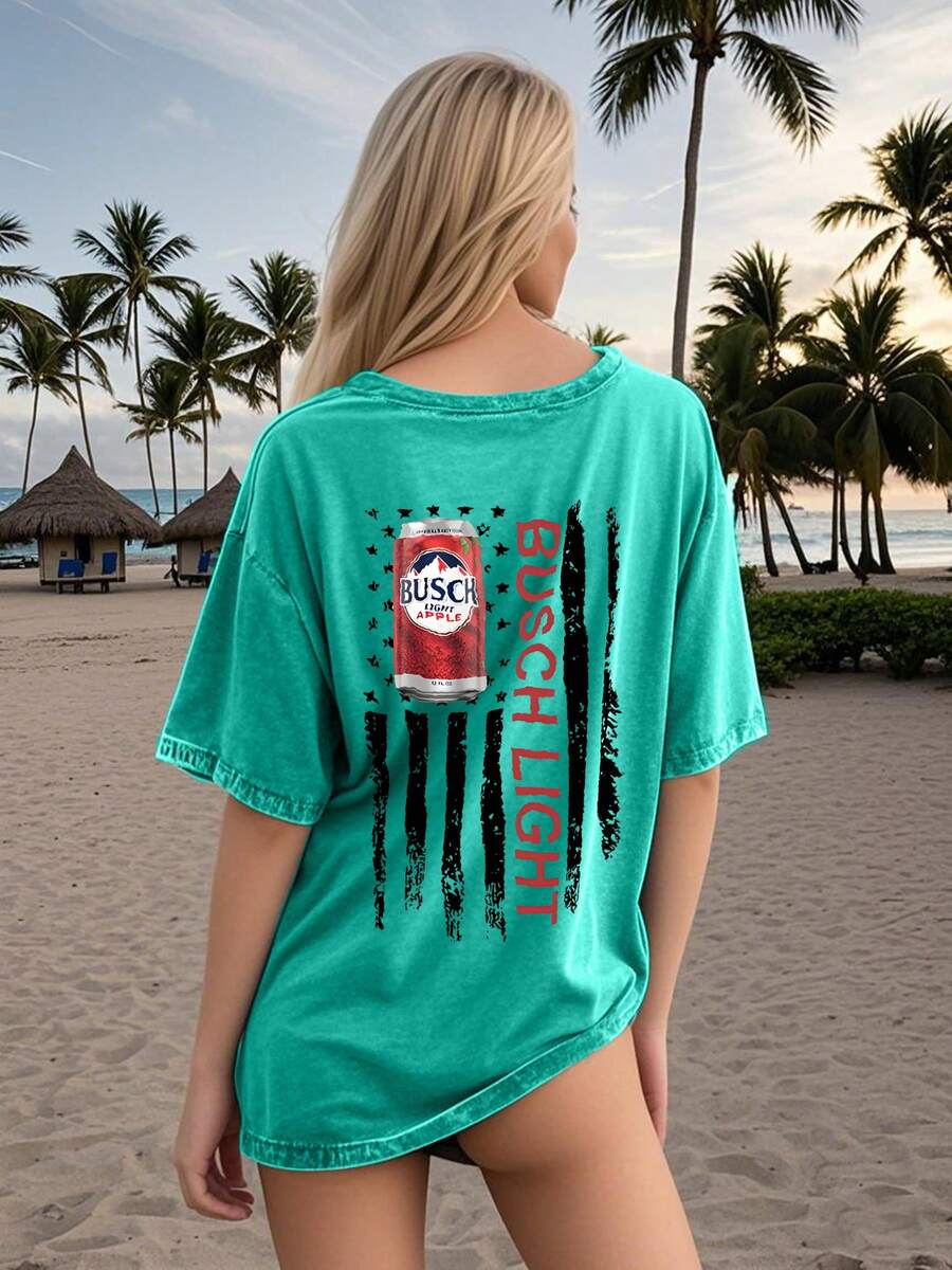 Busch Light"American Retro Printed Hip-Hop Loose Cotton Washed Men's And Women's T-Shirt - Màu xanh Bạc hà - Xem 1