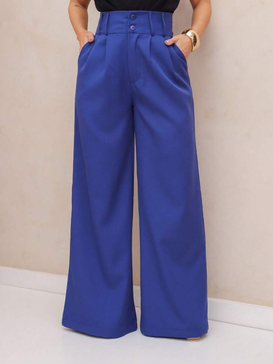 YING ZI Stone Mode Formal Tailored Wide Leg Trousers - Navy Blue - View 1
