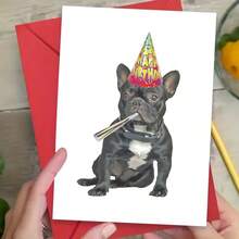 Cartão de aniversário alegre com envelope para buldogue francês, perfeito para amigos, familiares e entes queridos em seu dia especial - com um cachorro em um chapéu de festa, ideal para o Natal
