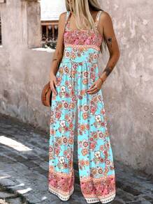 Women's Floral Print Wide-Leg Jumpsuit With Adjustable Straps And Pockets - Elegant Summer Overalls In Blue, Pink, Yellow, Orange, And White Flowers, Summer Out Digital Print Fabric, Floral Print Jumpsuit