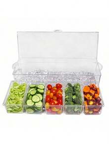 1 Set, Salad Bowl, Frozen Condiment Server With Clip And Dip Tray, Ice Chilled Platter With 5 Removable Containers, Fruit Tray With Lid, Perfect For Party, Ice Bowl, Serving Container For Fruit, Snack And Sauce, Kitchen Accessory - Clear - View 9
