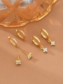 6pcs Elegant Copper Rhinestone Flower Pendant Hoop Earrings Set, Suitable For Women, Date, Wedding, Party, Mother, Wife, Friend, Birthday Gift