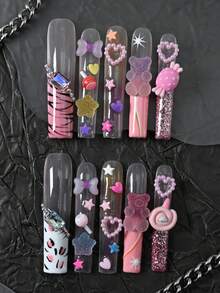 CrystalHola 10pcs Handmade Press On Nail Fake Nails, Pink Nails, Rhinestones, Stickers,DIY,Nail Supplies, Fake Nails, French Style, Extra Long Ballerina ,Flower Style Full Coverage Fake Nails, Hot Girl Style, Upgrade Your Look, Suitable For Parties/Music Festivals And Daily Wear, Women/Girls Travel, Party - 彩色 - 查看 1