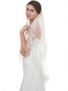 Short Wedding Veil With Comb - 2 Tier Bridal Veil, 24" Length Tulle Bride Accessories For Women - Ngà 2 & Có ngọc trai - Xem 2
