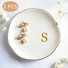 2 PCS Letters Pattern Ceramic Jewelry Tray, Asymmetrical Round Jewelry Storage Dish, Ring, Necklace, Earrings Collection Storage And Display, Wedding Souvenirs Gift For Wedding Souvenirs Day Mother's Day For Women Storage Organizer Travel Essentials Gift - Multicolor - View 17
