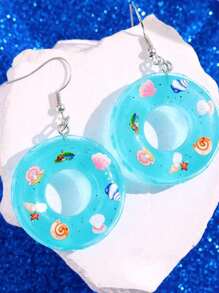 1 par de aretes con forma de aro de natación azul mini creativos y lindos para mujeres, joyería para playa/vacaciones (con decoración aleatoria de brillo en el interior)