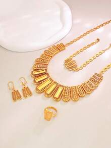 5 件套优雅经典复古风格项链、耳环、戒指、手链首饰套装，适合女士 - 金黃色 - 查看 5