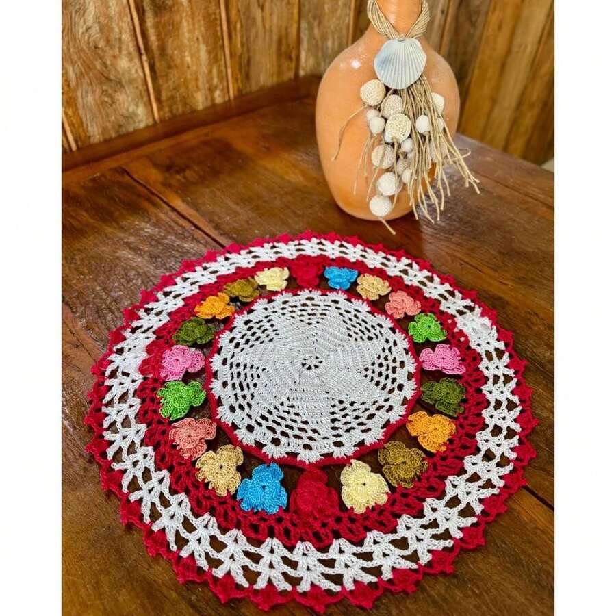 Small Round Spring Tray Towel 45cm Handmade Crochet - Cherry Red - View 1