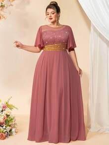 金色亮片花卉蕾丝蝴蝶袖腰带雪纺下摆正式派对礼服、夏季礼服、婚礼宾客礼服，适合生日、毕业典礼、返校等场合 - 藕粉色 - 查看 4