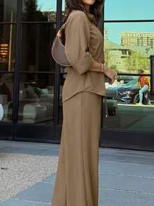 Women's Fashion Single-Breasted Lapel Drawstring Top & Elastic Waist Pants Set, Casual Solid Color Spring Elegant - Brown - View 5