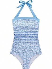 Women Sexy Tummy Control One Piece Swimsuit Halter Retro Bathing Suit - 68 Blue Ditsy Floral - View 4