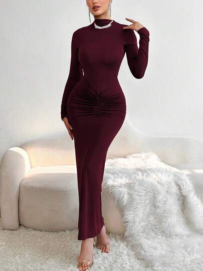Women Fitted Crew Neck Long Sleeve Ruffle Hem Solid Color Dress, Spring/Autumn