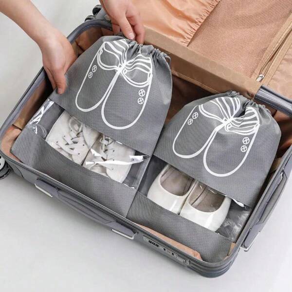 5 Stück große graue Schuhtaschen zum Reisen, Nicht-Gewebe Schuhtaschen mit Kordelzug und durchsichtigem Fenster zum Verpacken für Männer und Frauen