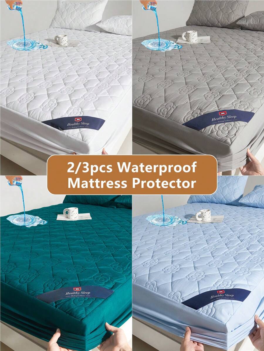 2/3pcs Waterproof Mattress Protector All-Season, Soft And Comfortable 3-Piece Fitted Sheet Set, Breathable And Noise-Free, Single/Double Beds, Suitable For Bedrooms, Guest Rooms, Schools, And Hotels. - 墨綠色 - 查看 1