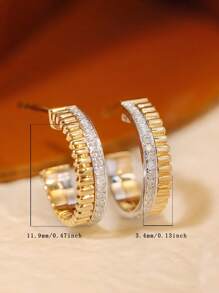 2pcs S925 Sterling Silver Original Versatile Ins Style Bicolor Luxury Cubic Zirconia C-Shape Stud Earrings, Suitable For Women's Daily Wear, Holiday And Party, Jewelry Gift