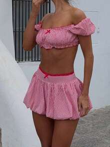 Womens Y2k Gingham Skirts Set Off Shoulder Short Sleeve Tube Tops Ruffle Mini Bubble Skirt Set Summer Going Out Two Piece Outfits - Red - View 3