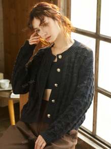 Knit Mix Women's Solid Color Simple Round Neck Knitted Cardigan For Daily Wear
