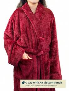 Premium Womens Plush Soft Robe Fluffy, Warm, Fleece Sherpa Shaggy Bathrobe (S/, Black) - Wine - View 3